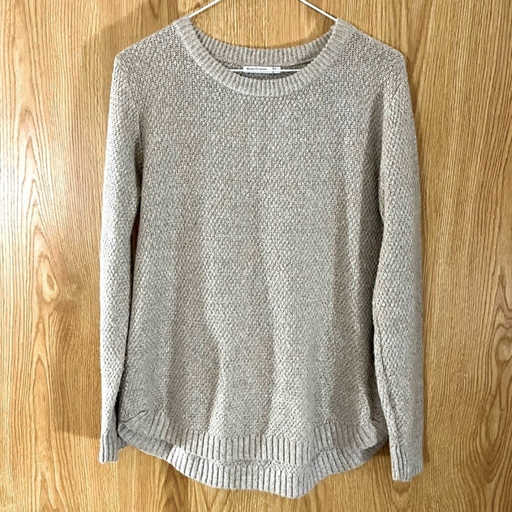 Tan Pullover Think Cable Knit Career Crew Neck Hi-Lo Sweater